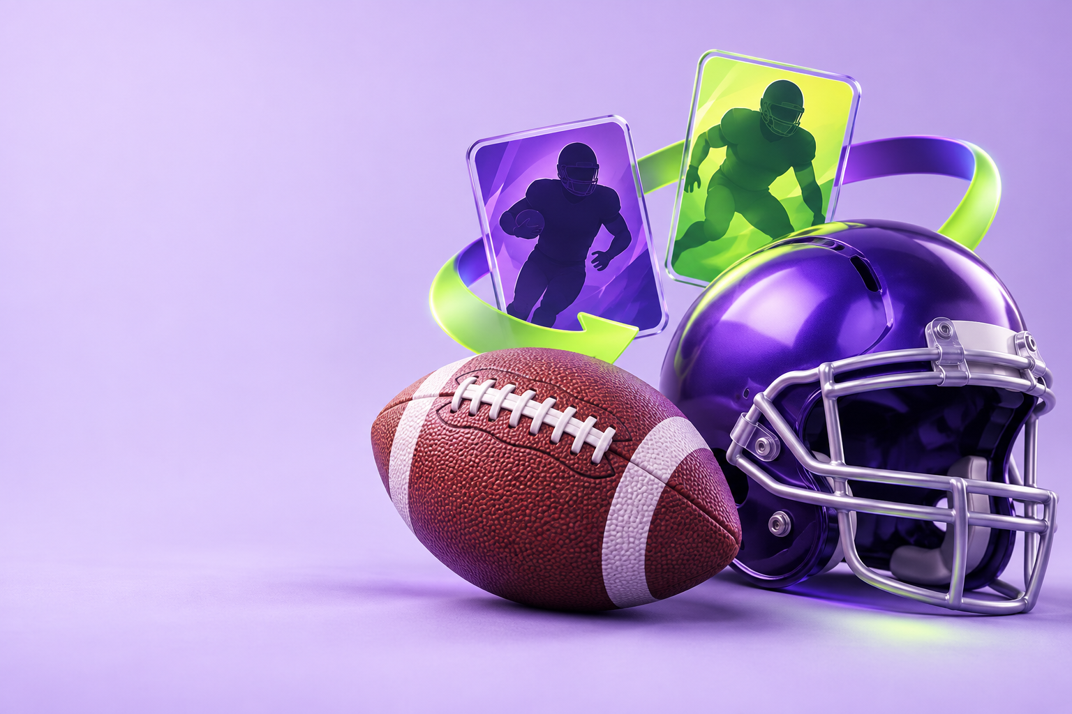 Football, violet helmet, and player cards with lime trading arrows